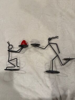 Candle Holders Metal Stick Figures with Red Heart Accent